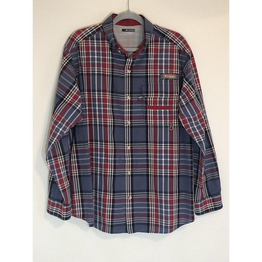 Columbia Shirt Men Large L/S Blue Red Plaid PHG Button Up Outdoor Hunting EUC